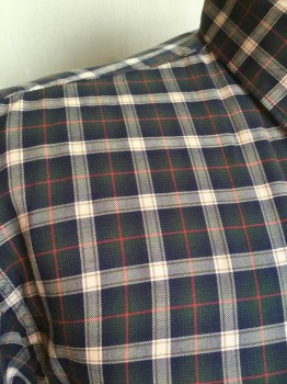 HARTFORD, Forest Green, Navy Blue, Khaki Brown, Beige, Red, Cotton, Plaid, Collar Attached, Button Front, Long Sleeves, 1 Pocket,