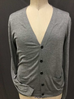 Mens, Cardigan Sweater, H & M, Gray, Heathered, XL, Heather Gray Cardigan, Flat Knit, V-neck, 5 Button Front, Long Sleeves, 2 Pockets