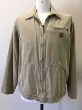 Mens, Casual Jacket, CARHARTT, Tan Brown, Cotton, Solid, L, Zip Front, Collar Attached, Long Sleeves, 3 Pockets, Pleated Sleeves at Seams, Snap Cuffs