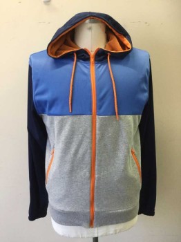 Mens, Casual Jacket, DIVIDED, Cornflower Blue, Navy Blue, Gray, Orange, Polyester, Color Blocking, L, Cornflower/Gray Body, Navy Hood, Navy Sleeves, Orange Zip Up, Orange Drawstring on Hood, 2 Orange Zip Pocket, Ribbed Knit Waistband, Elastic Cuffs, Light Grease Stains on Chest
