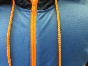Mens, Casual Jacket, DIVIDED, Cornflower Blue, Navy Blue, Gray, Orange, Polyester, Color Blocking, L, Cornflower/Gray Body, Navy Hood, Navy Sleeves, Orange Zip Up, Orange Drawstring on Hood, 2 Orange Zip Pocket, Ribbed Knit Waistband, Elastic Cuffs, Light Grease Stains on Chest