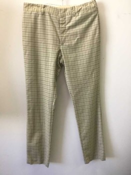 Mens, Slacks, PRADA, Tan Brown, Green, Black, Wool, Mohair, Grid , Ins:32, W:34, Tan with Black and Green Grid Stripes, Flat Front, Zip Fly, 4 Pockets, (3 in Front Including 1 Watch Pocket, and 1 Back Pocket), Slim Leg