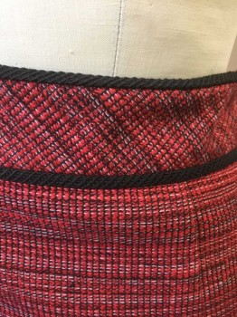 Womens, Skirt, Knee Length, CLASSIQUES ENTIER, Red, Black, White, Viscose, Linen, Speckled, 2, Red with Black and White Woven Throughout, Black Gimp Trim at 2" Wide Waistband, Pencil Skirt, Vent at Center Back Hem