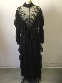 N/L, Black, Silk, Floral, Dots, Net Over Opaque Under layer, Sheer Floral Net in V Shape Panel Across Shoulders/Bust, Black Lace Stand Collar, 3/4 Sleeves with Ruffled Cuffs, Horizontal Ruffled Tiers From Waist to Hem, Self Ties at Center Back Waist, Open in Back,  Floor Length Hem, Made To Order **Missing 2 Buttons at Center Back Neck, Quick Change Costume,