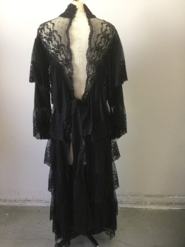 N/L, Black, Silk, Floral, Dots, Net Over Opaque Under layer, Sheer Floral Net in V Shape Panel Across Shoulders/Bust, Black Lace Stand Collar, 3/4 Sleeves with Ruffled Cuffs, Horizontal Ruffled Tiers From Waist to Hem, Self Ties at Center Back Waist, Open in Back,  Floor Length Hem, Made To Order **Missing 2 Buttons at Center Back Neck, Quick Change Costume,