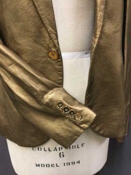 Womens, Leather Jacket, RALPH LAUREN, Gold, Leather, Silk, Solid, 4, Shimmer Gold Notched Lapel, Single Breasted, 1 Gold Button Front, 3 Pockets,  Long Sleeves,
