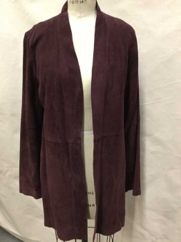 Womens, Leather Jacket, THE FISHER PROJECT, Plum Purple, Leather, Solid, S/P, Plum Suede,open Front, 2 Side Pocket, Long Sleeves, 3/4 Length