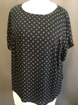 LIZ CLAIBORNE, Black, Tan Brown, Red, Polyester, Floral, Geometric, Black W/tan,red Pointy 4 Petals & Small Dots Square Box Floral Print, Round Neck,  1 Key Hole Back W/1 Brass Button, Short Sleeve,