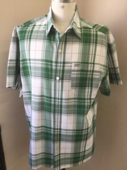 Mens, Casual Shirt, CAL TOP, White, Kelly Green, Polyester, Plaid, 1X, Short Sleeves, Button Front, Collar Attached, 1 Pocket,