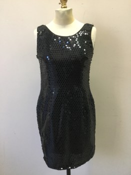 Womens, Cocktail Dress, NECESSARY OBJECTS, Black, Polyester, Sequins, W30, B34, Fitted Dress. Sequinned All Over. Sleeveless, Crew Neck, Open Scoop Back, Zipper Center Back,