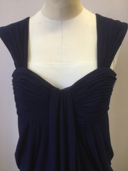 Womens, Evening Gown, JS BOUTIQUE, Navy Blue, Polyester, Spandex, Solid, 6, Gathered Wide Strap, Shirred Bust with a Faux Fold Over Sash, Side Draping, Empire Waist, Back Zipper