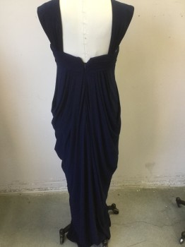 Womens, Evening Gown, JS BOUTIQUE, Navy Blue, Polyester, Spandex, Solid, 6, Gathered Wide Strap, Shirred Bust with a Faux Fold Over Sash, Side Draping, Empire Waist, Back Zipper