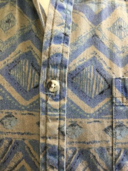 URBAN OUTFITTERS, Beige, Periwinkle Blue, Black, Cotton, Novelty Pattern, Southwestern Print, Collar Attached, Button Front, Long Sleeves, 1980's Repro