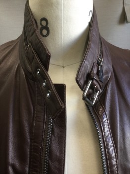 Mens, Leather Jacket, ZARA, Brown, Leather, Solid, M, Soft Sheepskin, Zip Front, Stand Up Collar with Zipper, Zip Pockets and Details, Epaulet
