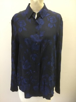 JONES NEW YORK, Black, Dk Blue, Silk, Floral, Black with Dark Blue Roses Pattern Sheer Silk Chiffon, Long Sleeve Button Front, Collar Attached
