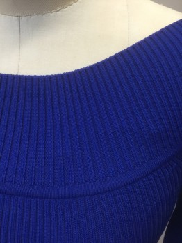 INC, Royal Blue, Rayon, Nylon, Solid, Lightweight Rib Knit, Bateau/Boat Neck in Front, Wrapped V-neck in Back, 3/4 Sleeve, Very Form Fitting