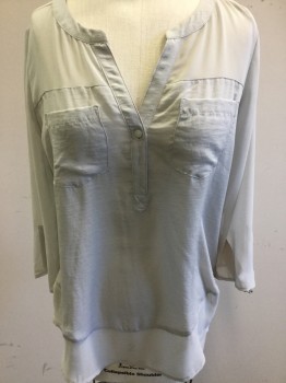 EXPRESS, Lt Gray, Polyester, Solid, Polyester Chiffon, 3/4 Sleeves, V-neck W/3 Buttons, 2 Pockets, Sheer, Sleeve Tabs