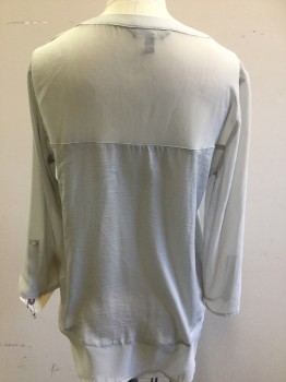 EXPRESS, Lt Gray, Polyester, Solid, Polyester Chiffon, 3/4 Sleeves, V-neck W/3 Buttons, 2 Pockets, Sheer, Sleeve Tabs