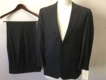 HICKEY FREEMAN, Dk Gray, White, Wool, Stripes - Pin, 2 Buttons,  Notched Lapel, 3 Pockets,