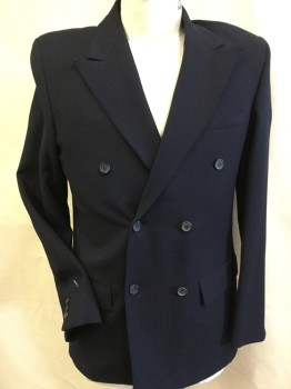 KILGOUR,FRENCH&STAN, Black, Wool, Stripes - Vertical , Jacket, Black with Self Vertical Pin-stripes, Black Lining, Peaked Lapel, Double Breasted, 6 Button Front, 3 Pockets, with Matching Pants