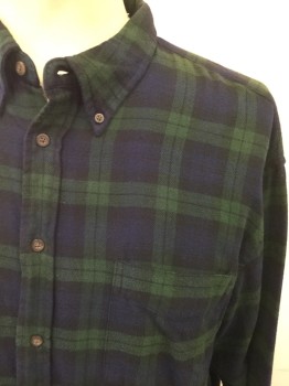 N/L, Green, Navy Blue, Cotton, Plaid, Flannel, Button Front, Long Sleeves, Collar Attached, Button Down Collar