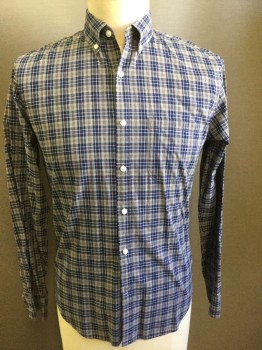 JCREW, Gray, Navy Blue, White, Red, Cotton, Plaid, Button Down Collar, Button Front, Long Sleeves, Chest Pocket