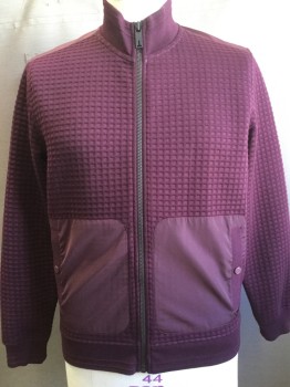 Mens, Casual Jacket, TED BAKER, Maroon Red, Polyester, Viscose, Check , 2X, 6, Self Embossed Check, Zip Front, Stand Up Ribbed Collar/cuffs/waist, Nylon Pockets