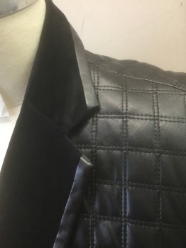 BLU MARTINI, Black, Faux Leather, Grid , Grid Pattern Quilted Pleather, Velvet Notched Lapel, and Trim on Pockets, Single Breasted, 2 Buttons, 3 Pockets, Gray Striped Lining