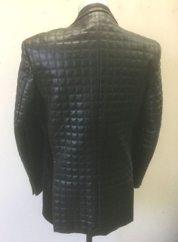 BLU MARTINI, Black, Faux Leather, Grid , Grid Pattern Quilted Pleather, Velvet Notched Lapel, and Trim on Pockets, Single Breasted, 2 Buttons, 3 Pockets, Gray Striped Lining