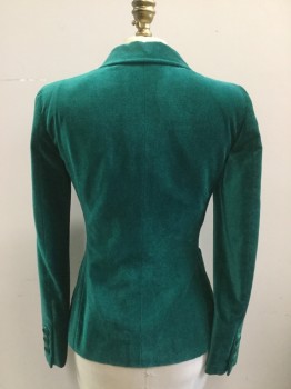 Womens, Blazer, MOSCHINO, Emerald Green, Cotton, Rayon, Solid, 4, Single Breasted, Notched Lapel, 3 Buttons,  2 Patch Pockets, Oversize Buttons
