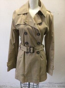 Womens, Coat, Trenchcoat, DKNY, Beige, Nylon, Cotton, Solid, XS, Twill, Double Breasted, Collar Attached, Epaulettes at Shoulders, 2 Pockets, Jersey Lining, Belt Loops, **2 Piece with Matching Fabric Belt with Brown Plastic Buckle
