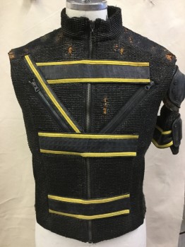 MTO, Black, Gold, Tan Brown, Pink, Plastic, Rubber, Diamonds, Basket Weave, Black with Tan, Pink Texture, Inlay Black Wool Diamond on the Side, Black Knee Pads Arm Piece, 3 Large Black 2-1/2" Horizontal Panel with 2 Gold Stripes Velcro Front and Back, & 1 Short Sleeves, Collar Attached, Zip Front, 2 Diagonal Zip Front,