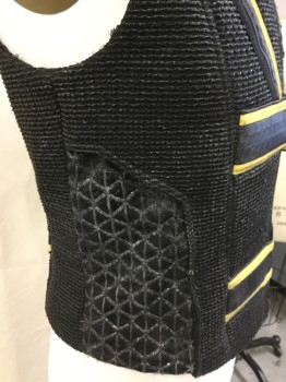 MTO, Black, Gold, Tan Brown, Pink, Plastic, Rubber, Diamonds, Basket Weave, Black with Tan, Pink Texture, Inlay Black Wool Diamond on the Side, Black Knee Pads Arm Piece, 3 Large Black 2-1/2" Horizontal Panel with 2 Gold Stripes Velcro Front and Back, & 1 Short Sleeves, Collar Attached, Zip Front, 2 Diagonal Zip Front,