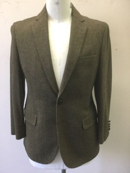 BROOKS BROTHERS, Brown, Dk Brown, Olive Green, Wool, Herringbone, Brown/Olive Flecks with Dark Brown Herringbone Stripes, Single Breasted, Notched Lapel, 2 Buttons, 3 Pockets, Solid Brown Lining
