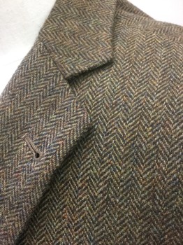 BROOKS BROTHERS, Brown, Dk Brown, Olive Green, Wool, Herringbone, Brown/Olive Flecks with Dark Brown Herringbone Stripes, Single Breasted, Notched Lapel, 2 Buttons, 3 Pockets, Solid Brown Lining
