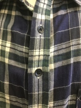 RAG & BONE, Navy Blue, Green, Black, White, Cotton, Plaid, Collar Attached, Button Front, Long Sleeves, Chest Pocket