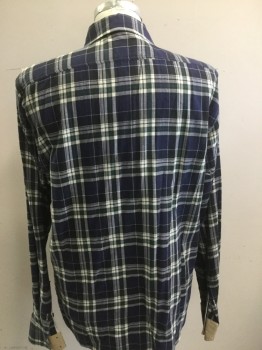 RAG & BONE, Navy Blue, Green, Black, White, Cotton, Plaid, Collar Attached, Button Front, Long Sleeves, Chest Pocket