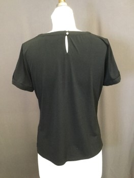 KARL LAGERFELD, Black, Polyester, Spandex, Solid, Short Sleeves, with Pearl Button Detail at Cuff and 2 at Center Back Neck. Pleated Detail at Center Front with Self Bow Detail at Crew Neck Front