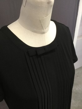 KARL LAGERFELD, Black, Polyester, Spandex, Solid, Short Sleeves, with Pearl Button Detail at Cuff and 2 at Center Back Neck. Pleated Detail at Center Front with Self Bow Detail at Crew Neck Front