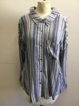 SPLENDID, Dk Blue, Lt Blue, Gray, White, Rayon, Viscose, Stripes - Vertical , Sbf Collar Attached, 1 Pocket, Long Sleeves, Fagotting Across Shoulders, Keyhole Center Back with Bow Tiie