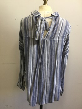 SPLENDID, Dk Blue, Lt Blue, Gray, White, Rayon, Viscose, Stripes - Vertical , Sbf Collar Attached, 1 Pocket, Long Sleeves, Fagotting Across Shoulders, Keyhole Center Back with Bow Tiie