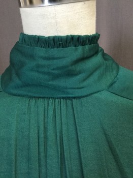 ZARA, Emerald Green, Silk, Polyester, Solid, Mock Neck with Ruffle, Rouching at Shoulders and Neck, Long Sleeves with Ruffled Cuff, Pull Over, Button Back Closure