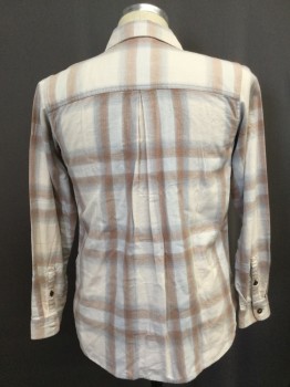 REI, White, Lt Gray, Brown, Cotton, Plaid, Flannel, Button Front, Long Sleeves, Collar Attached,