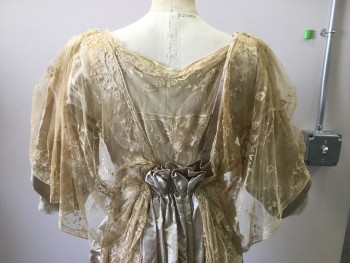 MTO, Cream, Beige, Silk, Floral, Cream Netting Bodice Underlay with Drawstring Scoop Neck,  Faux Dirty Cream Floral Lace Capelet, Champagne Satin Body with Floral Brocade, Short Sleeves with Dirty Cream Lace Overlay,