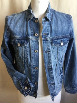 Mens, Jean Jacket, J.CREW, Blue, Cotton, Solid, M, (DOUBLE)  Blue Denim Jean Jackets, Collar Attached, Silver Button Front, 4 Pockets, Long Sleeves,