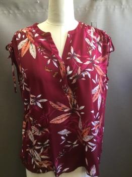 WORTHINGTON, Wine Red, Fuchsia Pink, White, Coral Orange, Black, Polyester, Floral, Band Neck with Open V, Button Chest, Sleeveless with Drawstring Shoulders and Ties