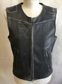 Mens, Vest, FOX 40, Gray, Black, Leather, Lycra, Solid, 40, Faded Black Tiny Pebbles, Round Neck,  Shoulder Patch, Zip Front, 2 Slant Pockets with Zipper, 2.5" Black Ribbed Side, 1" Quilt Back Bottom 1-stiches Undone Upper Seams Front, 2- a Cut in the Back--see Photo)
