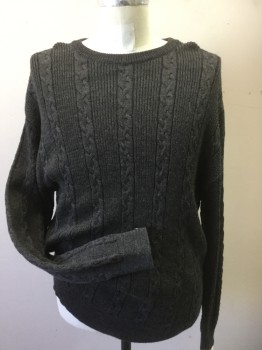 Mens, Pullover Sweater, BROOKS BROTHERS, Charcoal Gray, Wool, Cable Knit, Medium, Crew Neck, Long Sleeves,