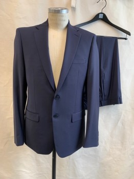 CALVIN KLEIN, Navy Blue, Wool, Lycra, Solid, Single Breasted, Collar Attached, Notched Lapel, 3 Pockets, 2 Buttons