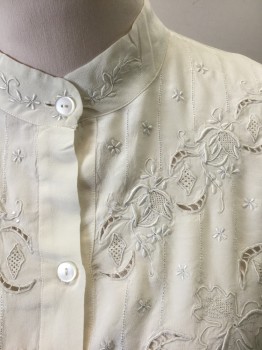 PEONY, Cream, Silk, Floral, Solid, Floral Eyelet Cutouts and Embroidery, Long Sleeves, 3 Button Placket, Band Collar,